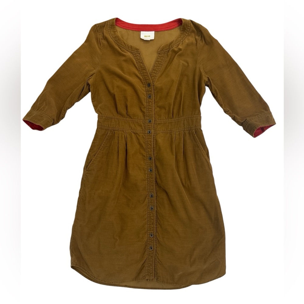 Maeve Olive Green Long Sleeve Button-Front Dress with Red Trim